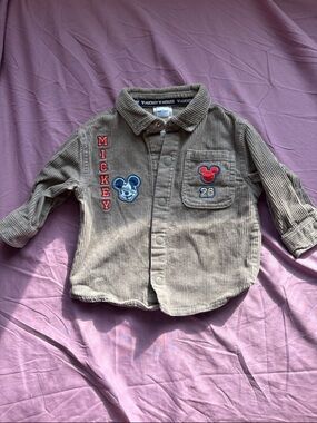 Disney Toddler Corduroy Button-Up Shirt with Mickey Patches in Taupe